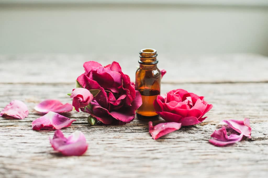 velvet red roses with essential oil soulful rustic stock photography